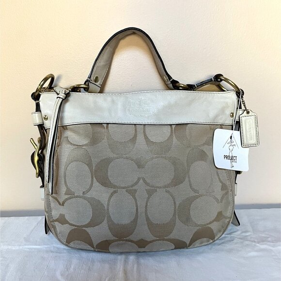 Coach Zoe 12657 Shoulder Bag Khaki/White Signature Canvas Leather Trim Gold-Tone - Picture 1 of 10
